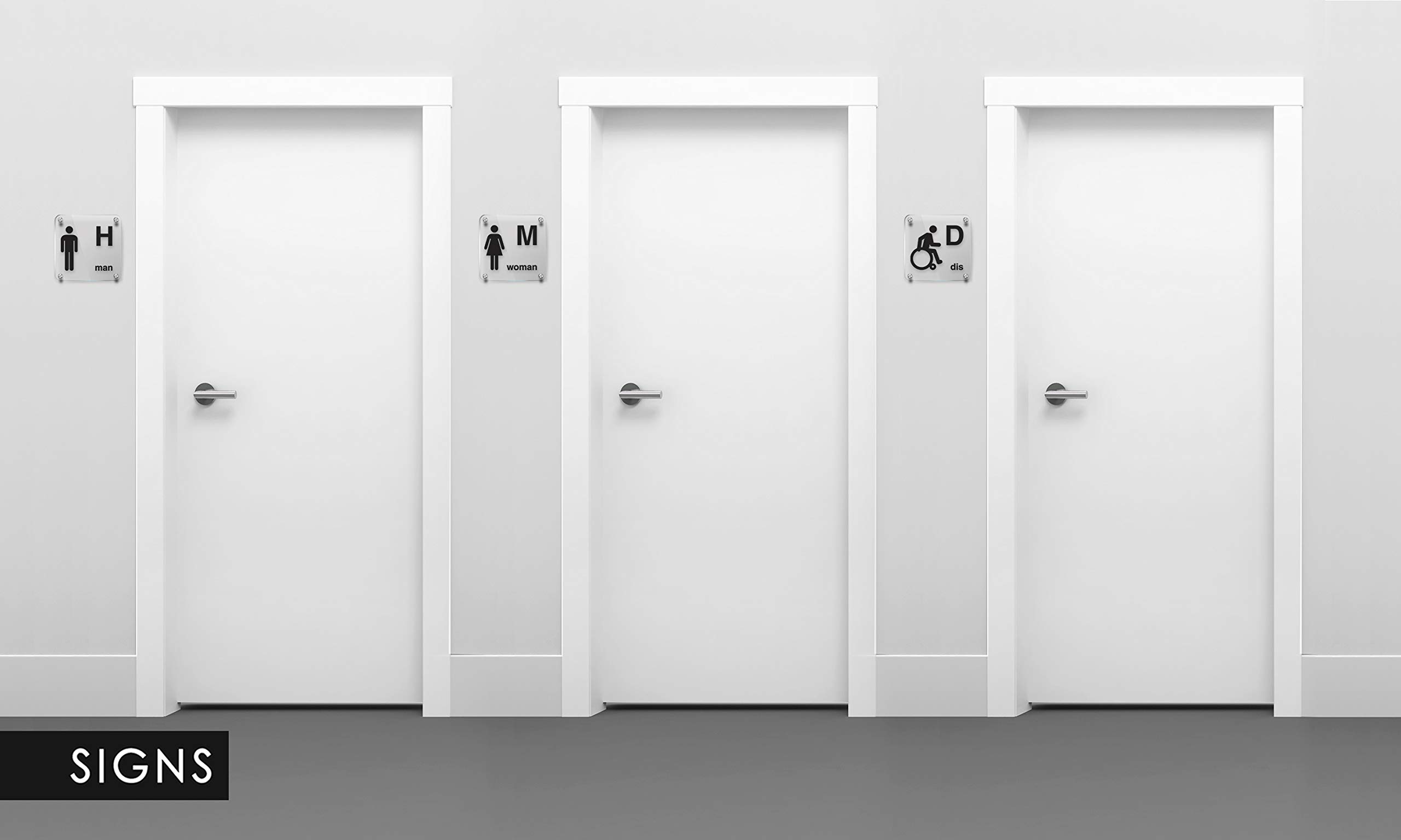 Signs [STAN08-nero] Set 4X Placas de pared con separadores en relieve (Español/Inglés): Toilettes, Hombre, Mujer, Discapacitado, cartel de baño. Letrero WC de pared para inodoro y para puerta.
