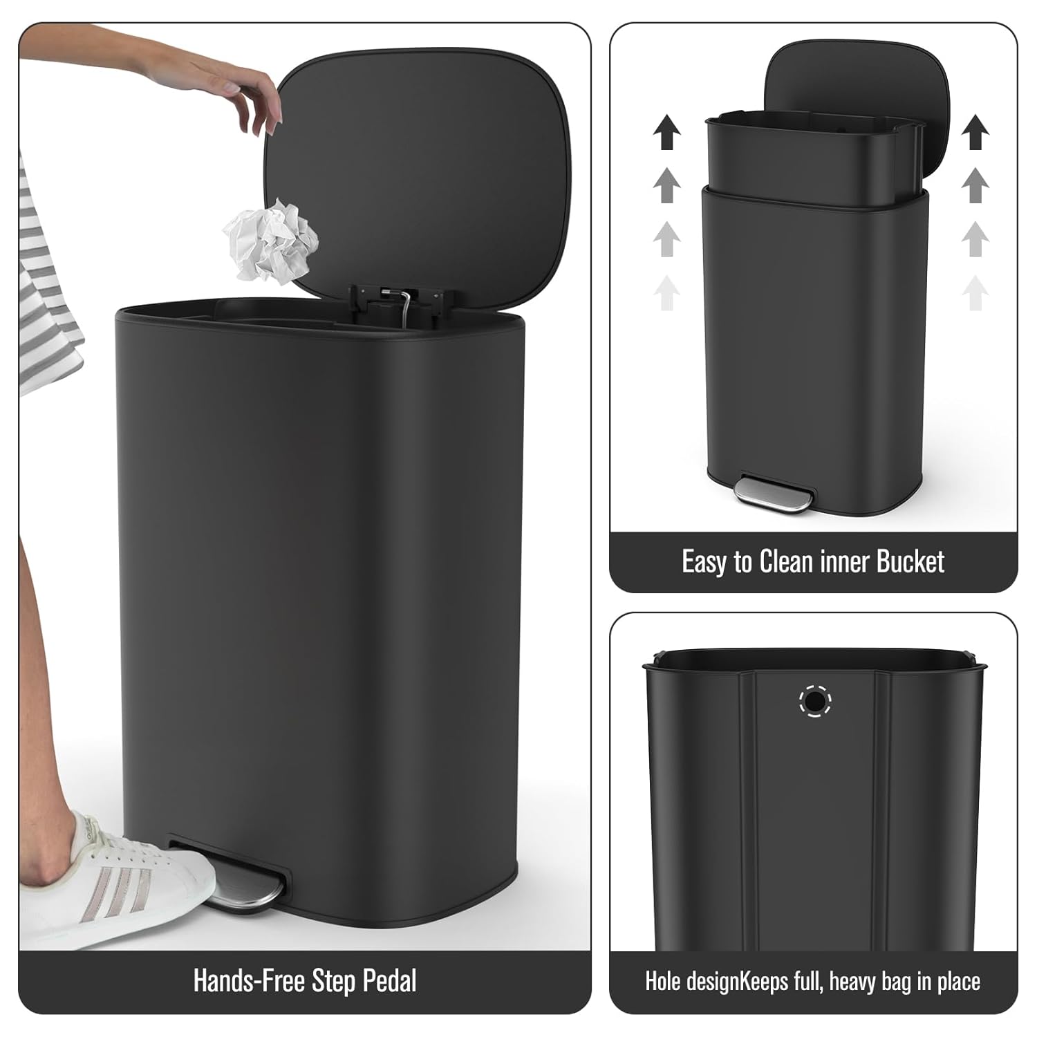 Thickened Stainless Steel Trash Can 13 Gallon with Foot Pedal, Oval Large Trash Can with Soft Close Lid, Garbage Can with 30 Garbage Bags for Kitchen, Bathroom, Commercial, Home, Office - Black
