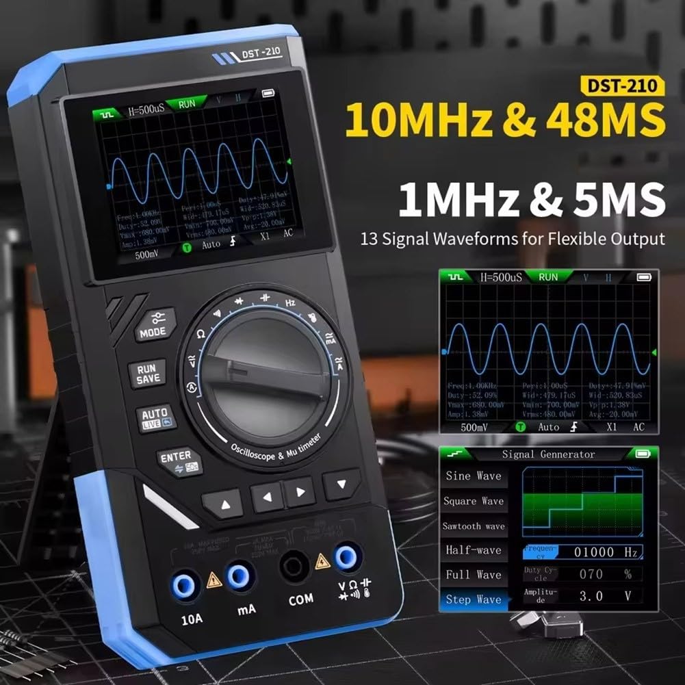 Eawfgtuw DST-210 - Multímetro digital 3 en 1 con osciloscopio de 10 MHz y generador de señal, probador portátil de mano para profesionales