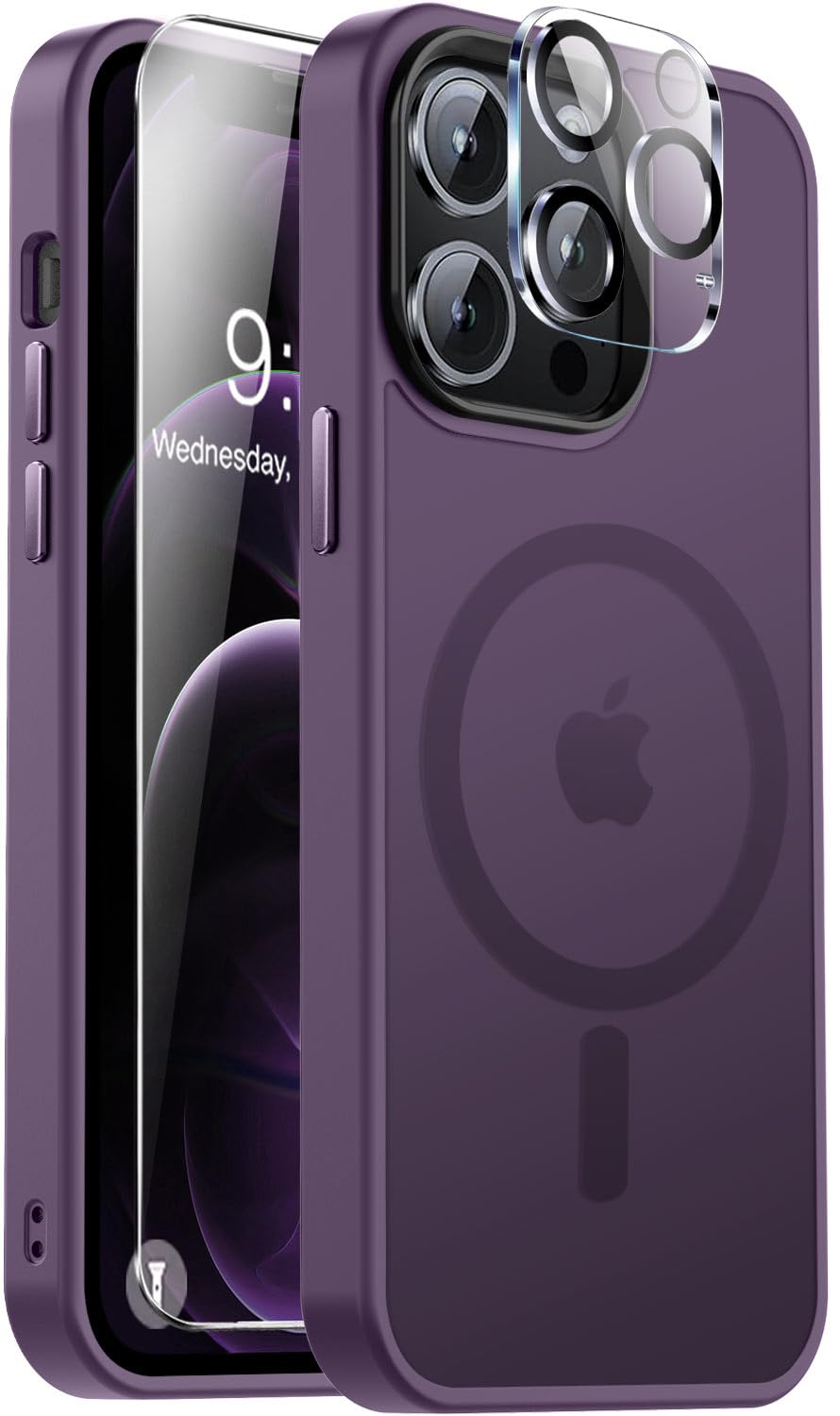VooiiMagnetic for iPhone 12 Pro Max Case [Compatible with Magsafe] [Screen Protector+Camera Lens Protector] Aluminum Alloy Keys Slim Translucent Matte Phone Case iPhone 12 Pro Max - Deep Purple