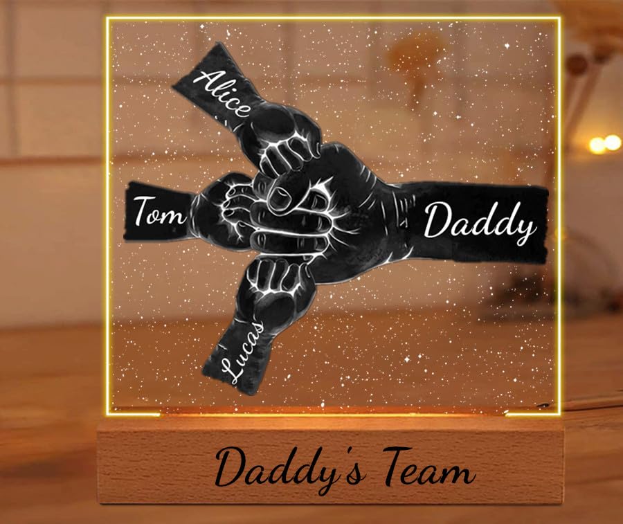 Fathers day Daddy's Team Fist Bump Light Gift, Personalized Acrylic Daddy Fist Bump LED Night Light, Custom Dad Fist Bump Gift, Father's Day Christmas Birthday Gifts for Daddy, Grandpa (Style-03)