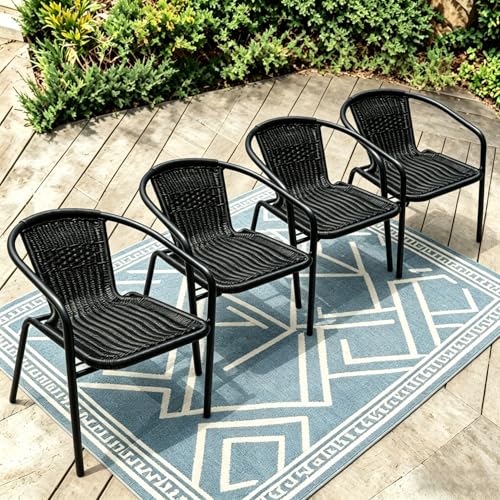 Image of 4 Stackable Wicker Patio Chairs, Weather-Resistant Outdoor Seating, Ideal for Balcony Porch Lawn & Small Patio Furniture Set Decor, Black