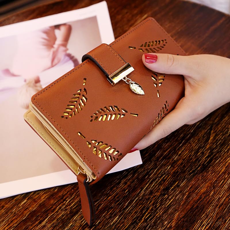 Women's Long Leather Wallet with Leaf Closure – Bifold Card Holder, RFID Blocking, Elegant Zipper Clutch Purse