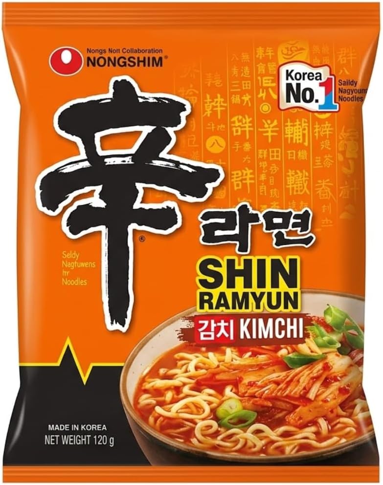 Kimchi Shin Ramyun Noodles for Vegetarian, Orange and Red, 120 grams, 4 Count