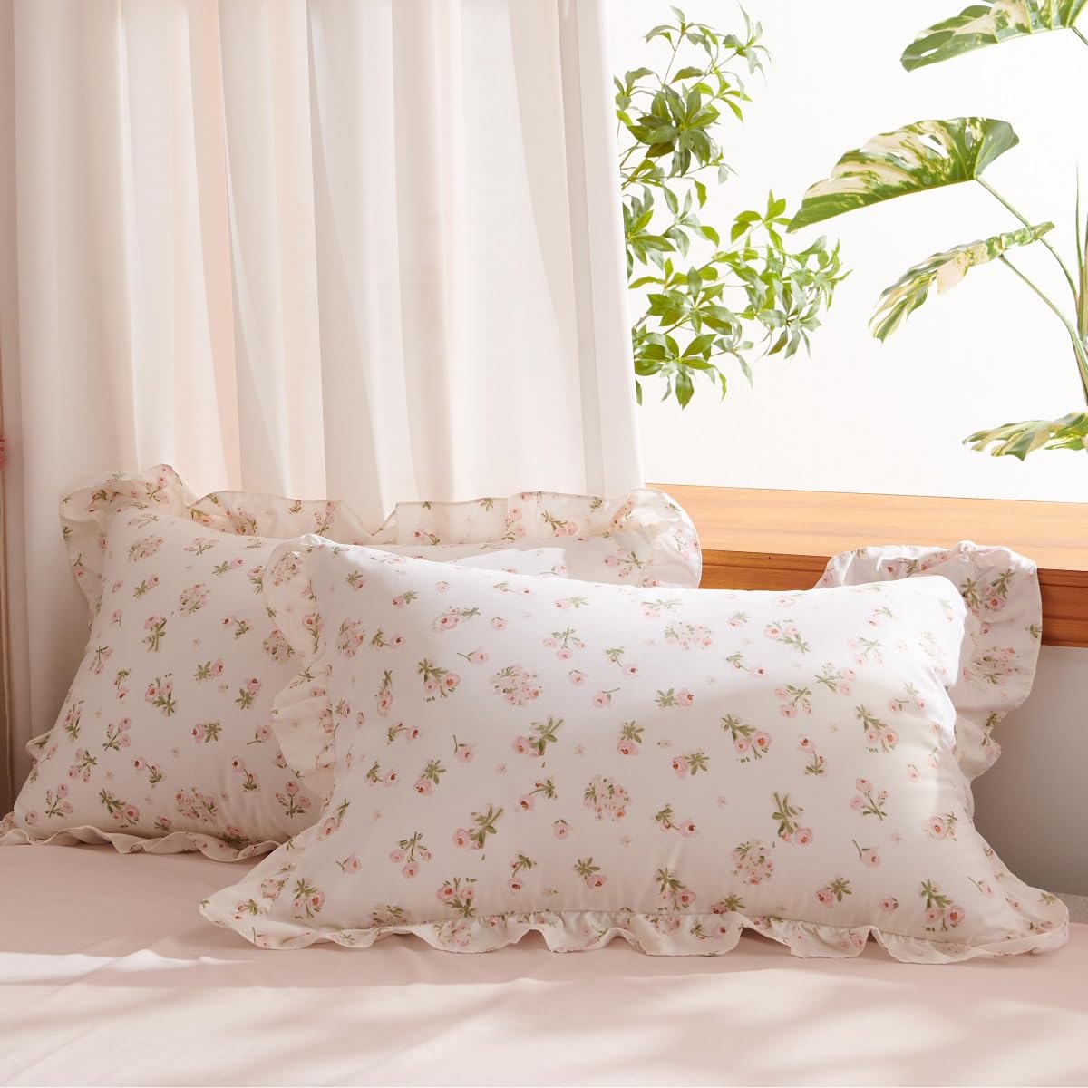 Lanqinglv Juego de ropa de cama con volantes 220x240 flores rosas, juego de ropa de cama reversible con hojas estéticas, ropa de cama ÖKO-TEX para alérgicos, funda nórdica romántica con cremallera y 2