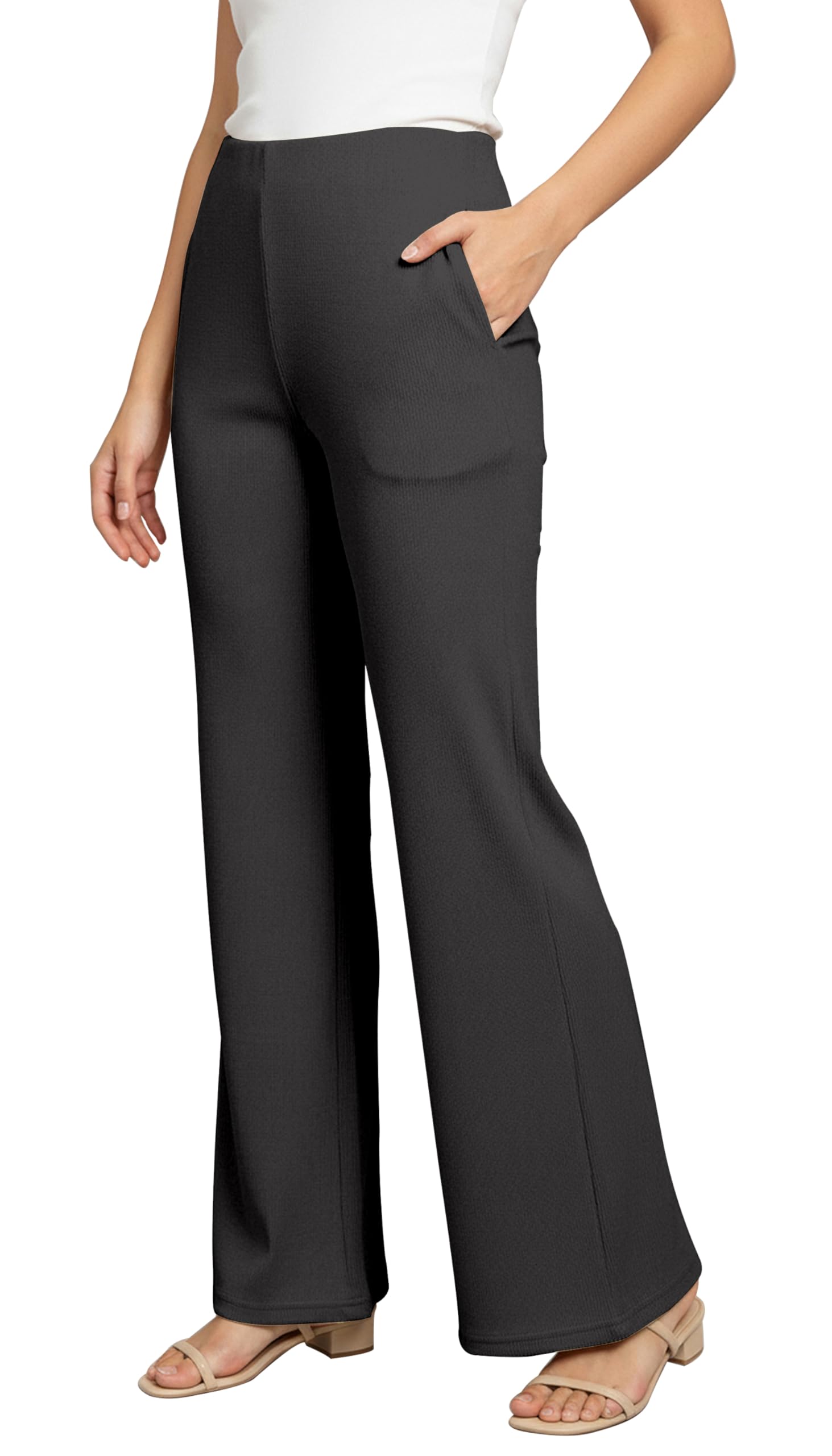 High Waisted Wide Leg Ribbed Knit Trousers with Pockets | Casual and Stretchy Pants | for Women
