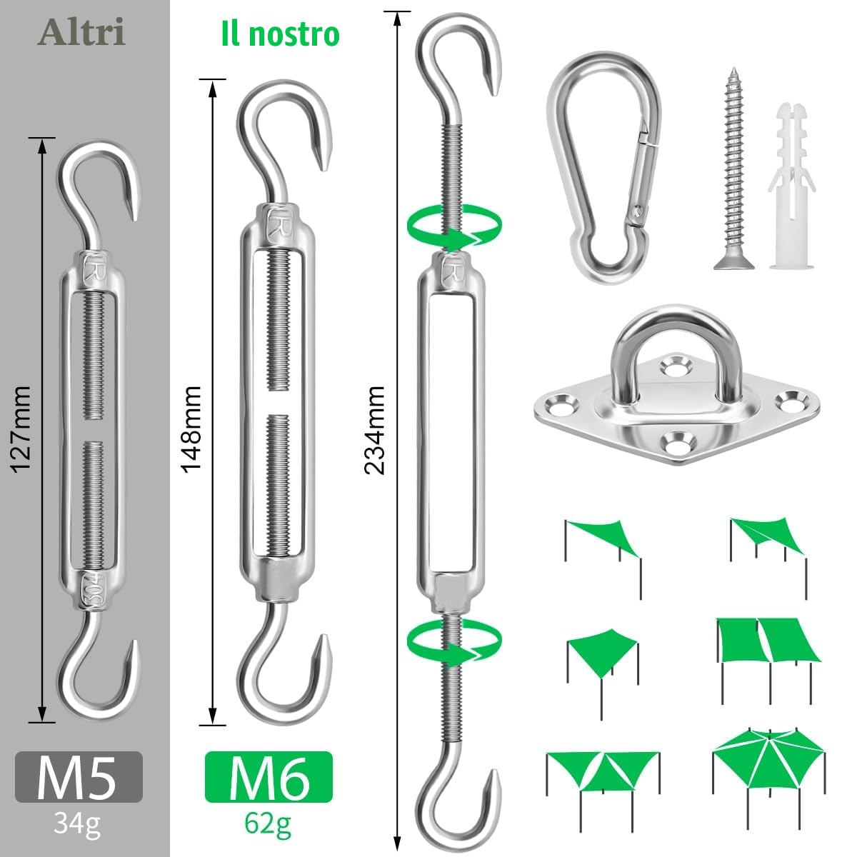 Kit di fissaggio M6 in acciaio inox 304 per tenda parasole a vela triangolare e quadrata