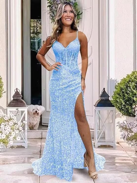 Women's Sparkly Sequin Prom Dresses Lace Appliqued Long Mermaid Corset High Slit Formal Party Gowns2