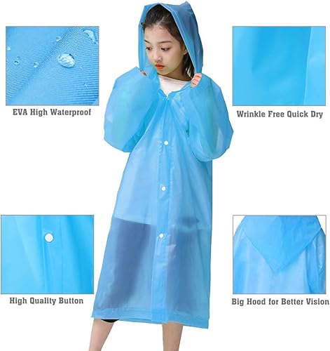 Miniatura 5 de YUNLOVXEE Rain Poncho for Kids Raincoat, 2-5 Pack Reusable EVA Rain Coats for 6-14 Boys Girls, Rain Jackets Gear with Hood