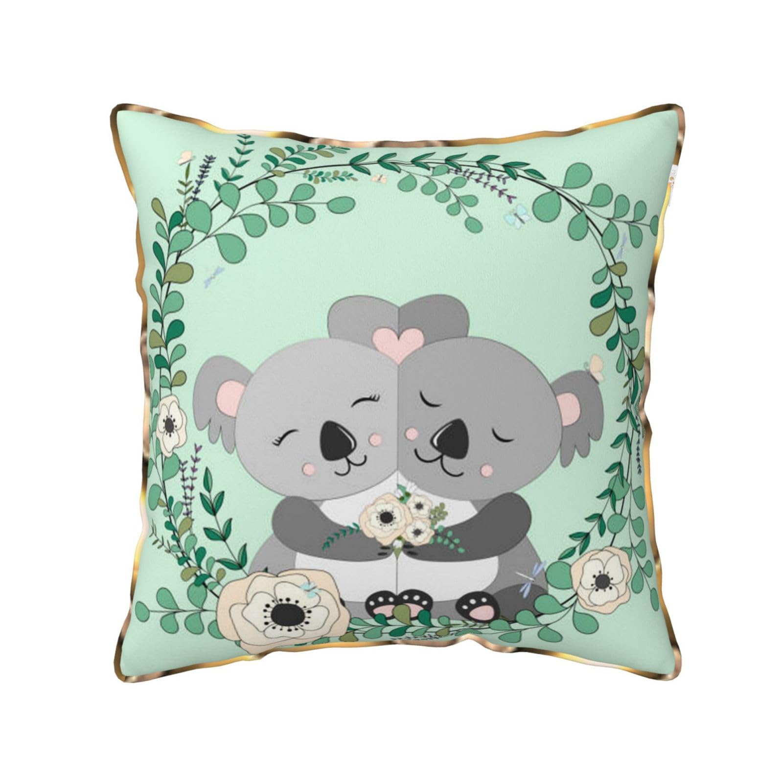 AUBKFELD Koala Printed Velvet Cushion Cover 40x40 CM with Gold Edging Strip, Square Pillowcase Soft Throw Pillow Covers Case Decorative for Living Room Sofa Couch Bed Bench