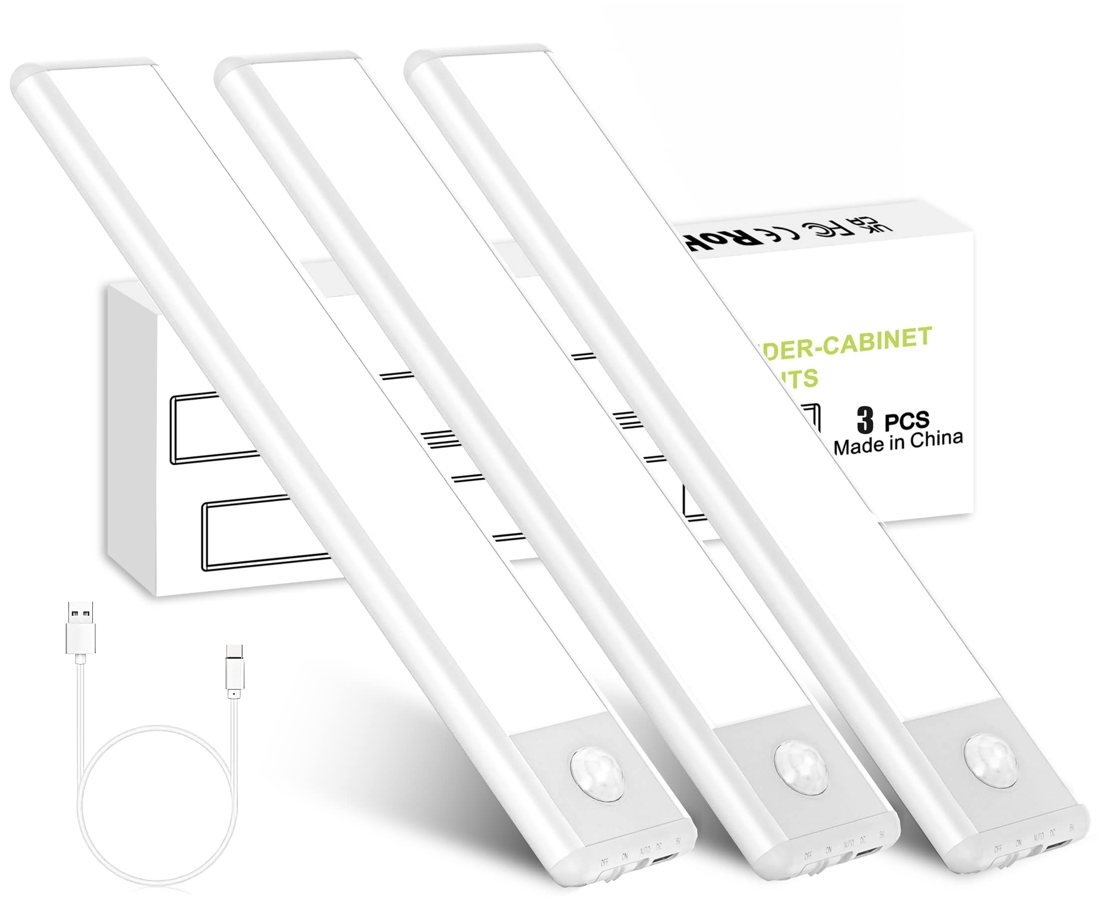 FLOWood3 Pack Under Cabinet Lights, 30 LED Wireless Motion Sensor Light, 250lm USB Rechargeable Closet with Magnetic Stickers for Stairs, Kitchen, Hallway, Cold White, T082