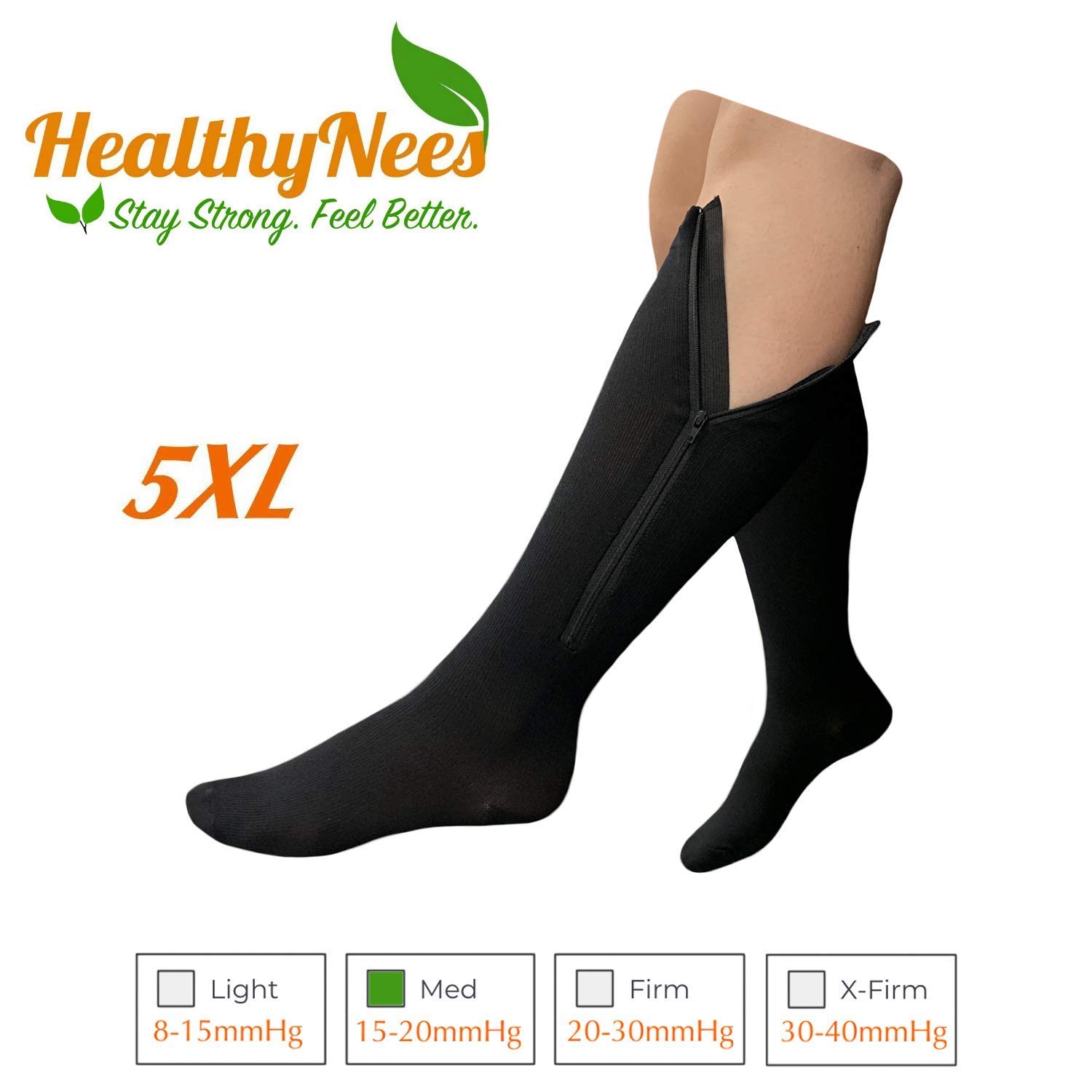 HealthyNees15-20 mmHg Zipper Compression Extra Plus Size Calf Closed Toe Sock, Black, XX-Large