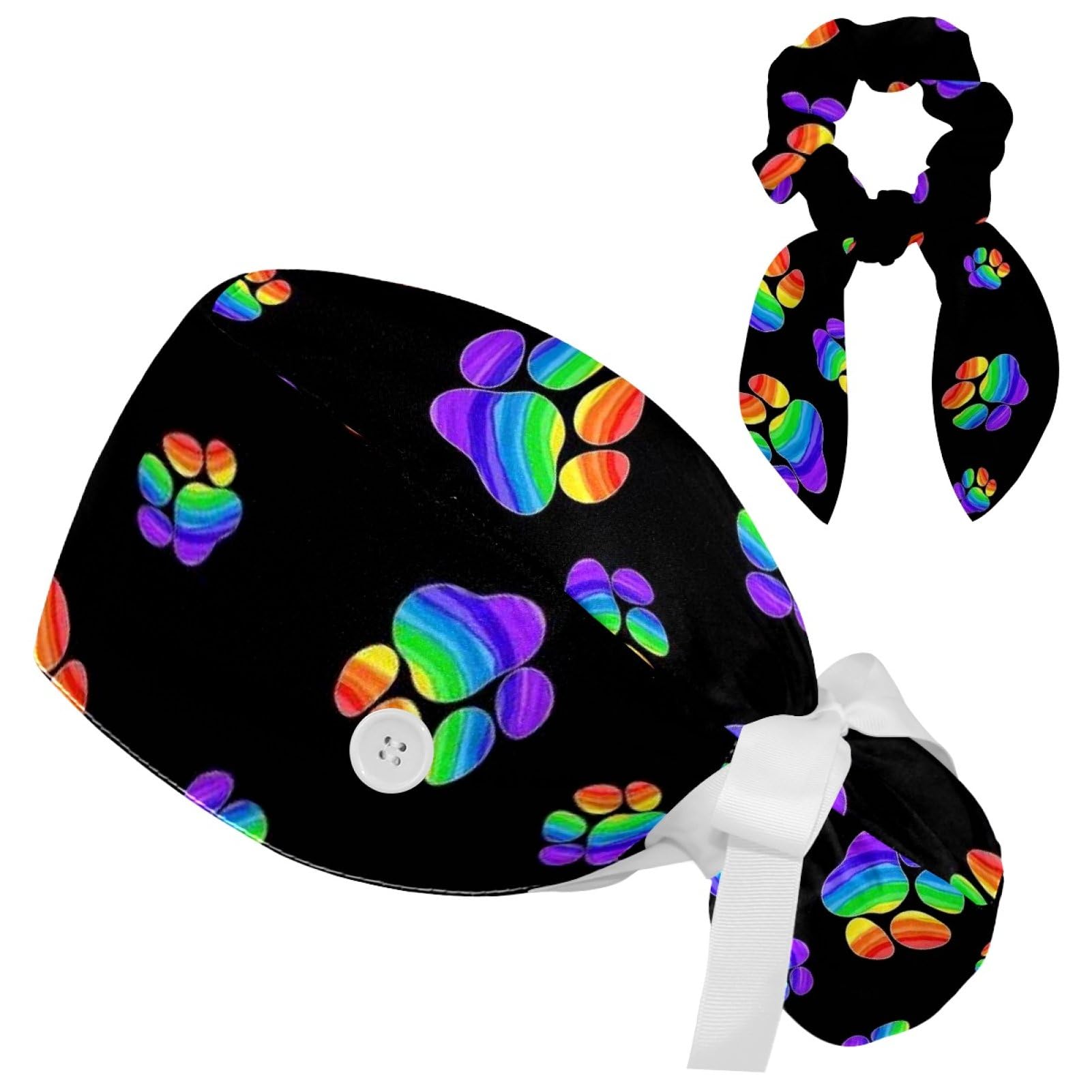 Heart Paw Grey Surgical Cap with Buttons Bow Hair Scrunchy for Long Hair
