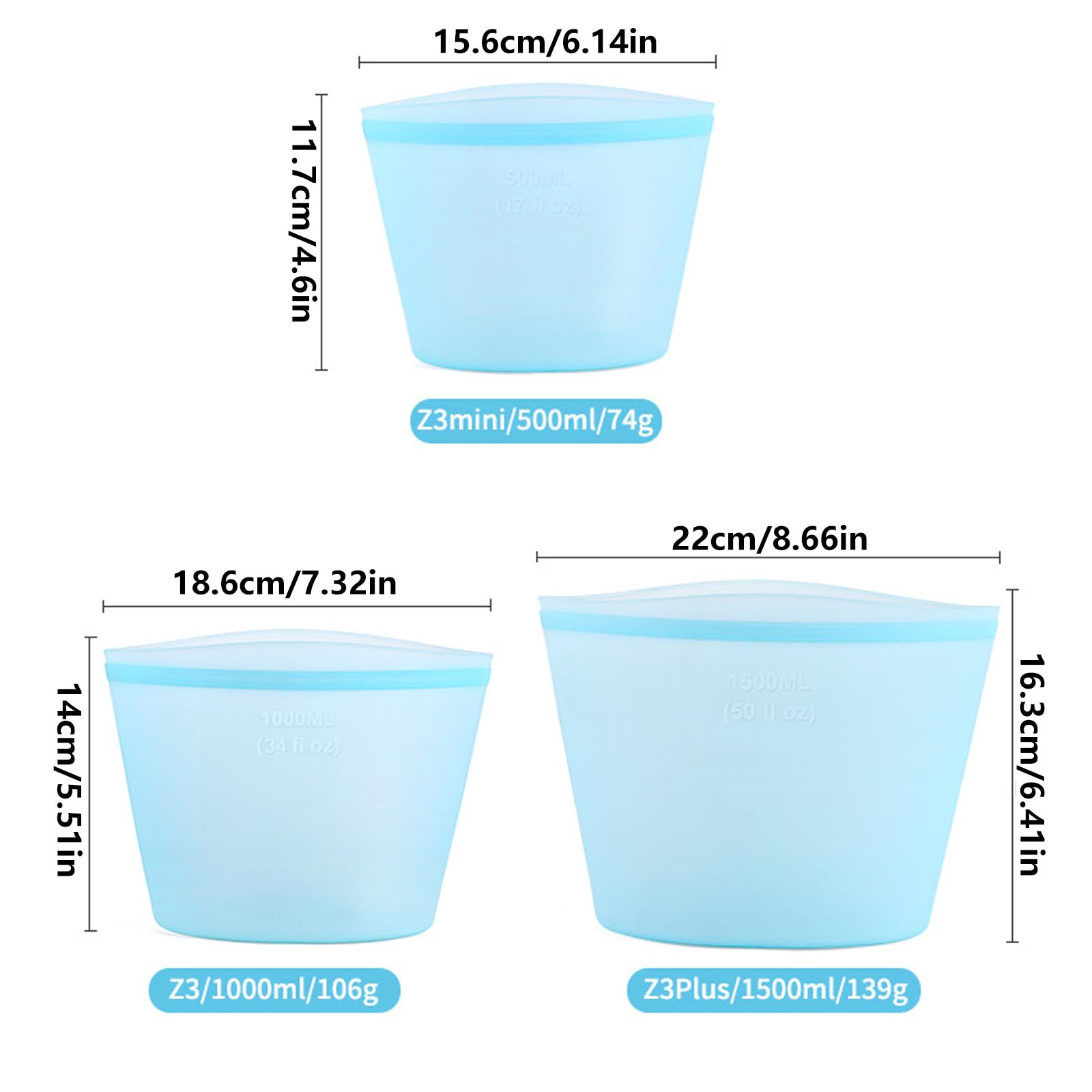 Bolsas de almacenamiento de silicona para sobras y refrigerios, 3 piezas, fáciles de limpiar y con cierre a presión, aptas para lavavajillas