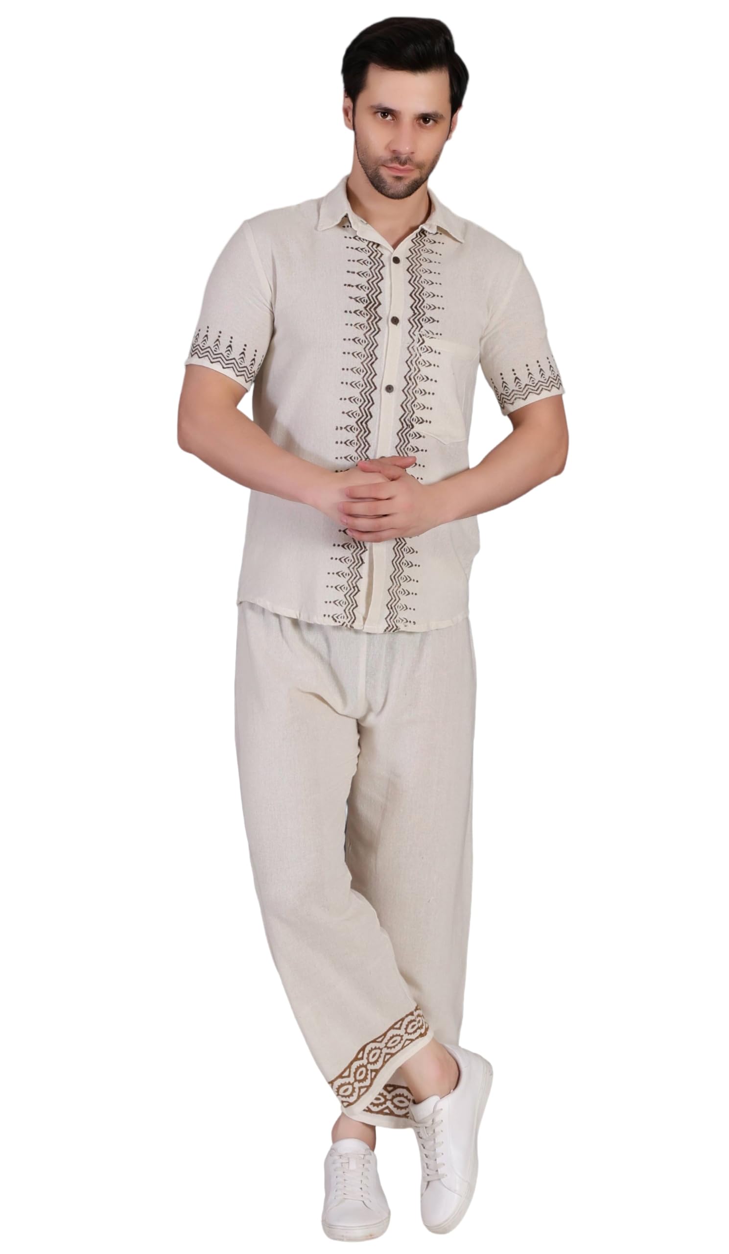 thread craft studio Men's Khadi Cotton Shirt & Pajama Set with Brown Block Print Boho Style Clothing Set Comfortable Casual Wear & Outings-picture-11