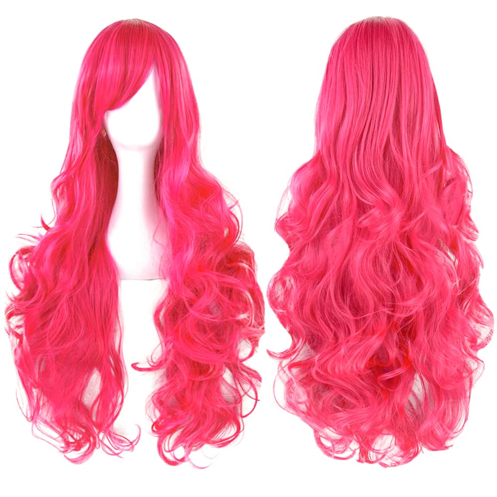 Colorfulpanda Long Hot Pink Curly Full Hair Wig Anime Cosplay Halloween Costume Party Synthetic Wigs for Women