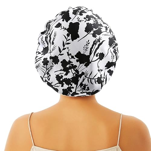 Miniatura 4 de Gorro de dormir de noche sedoso de satén para cabello rizado, ajustable, reversible, doble capa, flora negra