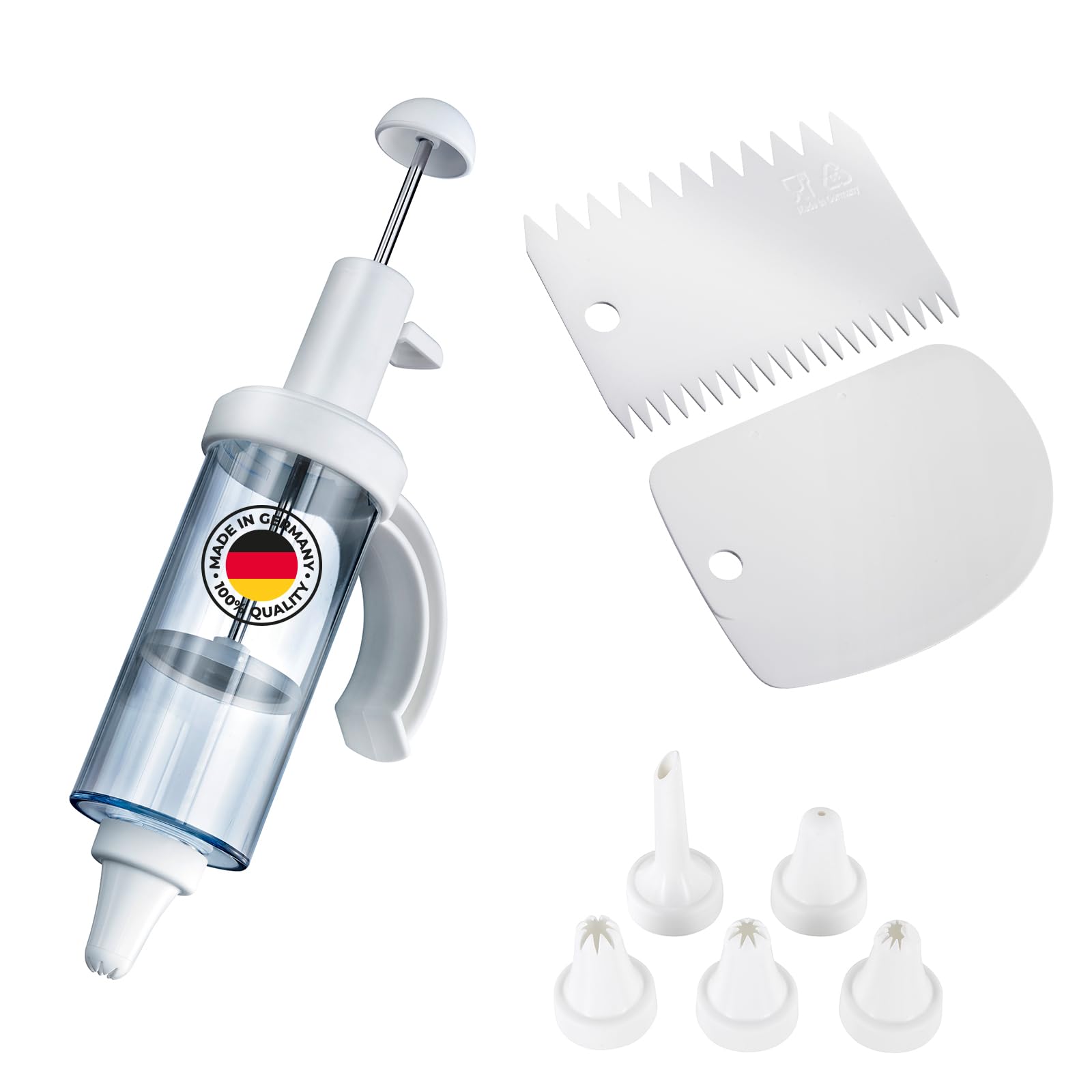 Westmark Kuchengarnierer-Set, 8tlg – Garnier- und Krapfenspritze mit 5 Tüllen + Schaber und Kuchengarnierer, Kunststoff/Rostfreier Edelstahl – Transparent/Weiß, 311622E6