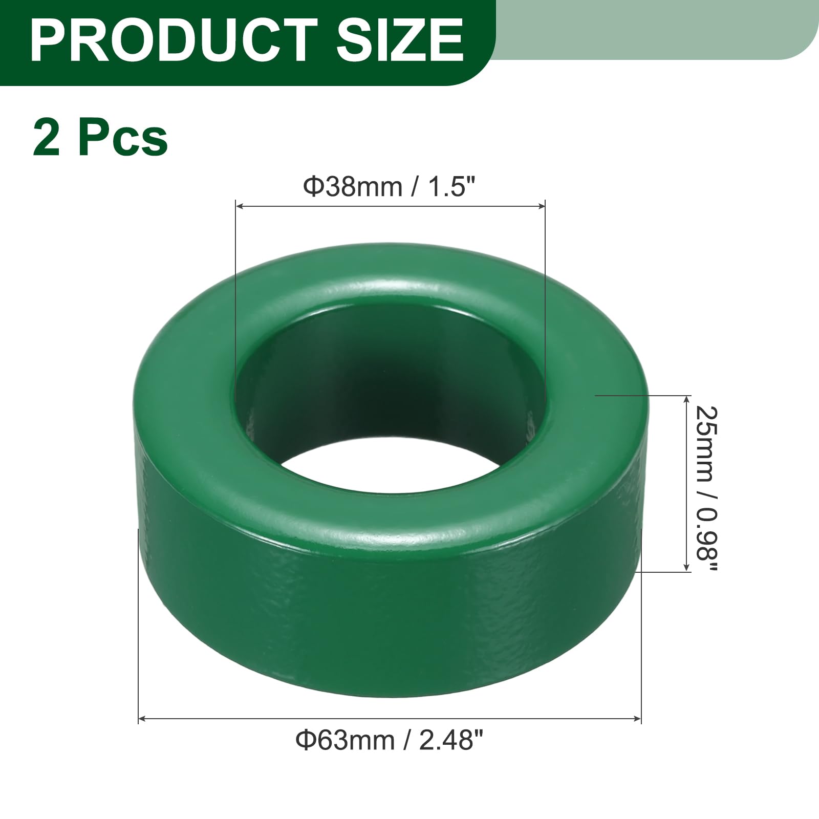 QUARKZMAN 2 Pcs Noyau Toroïde En Ferrite Anti-Parasites RFI EMI Pour Câbles ID 38mm 1.5inch Ferrite Manganèse-Zinc Pour Appareils Électroniques, Industrie, Vert