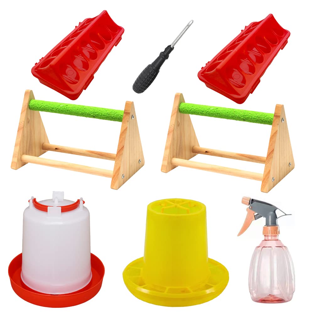 TREELFChick Feeder and Waterer Kit（Set of 8 Includes a sanitizing Watering can） Kit with Chick Perch | Quail Feeder, Starter Kit Baby Chicken Feeder and Waterer Set