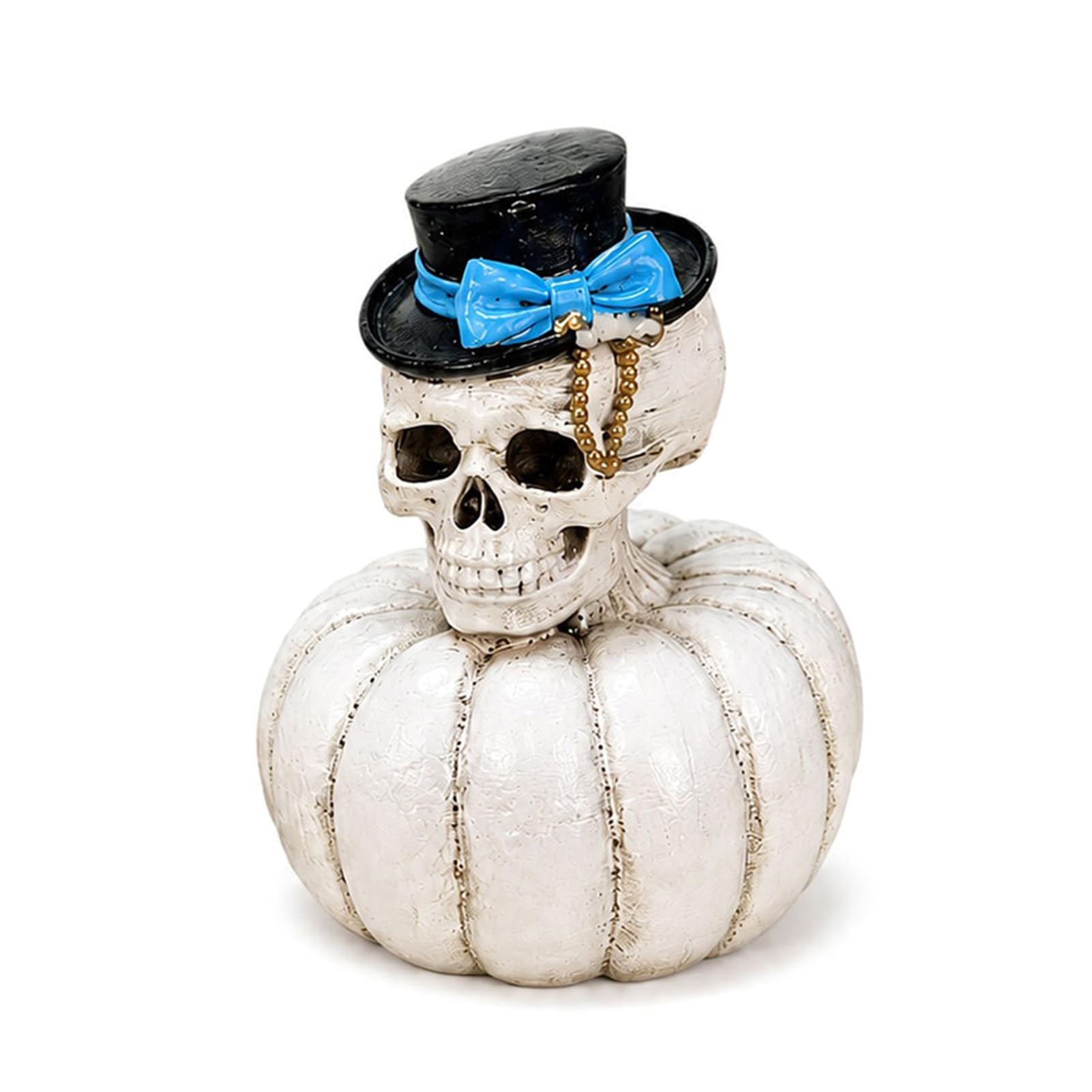 RetroNest Gothic Skull Pumpkin Statue,Halloween Bride Groom Figurine With Pink Bow,Resin Autumn Ornament For Home Table Mantel Decor 12.5cm Spooky Seasonal Centrepiece Blue
