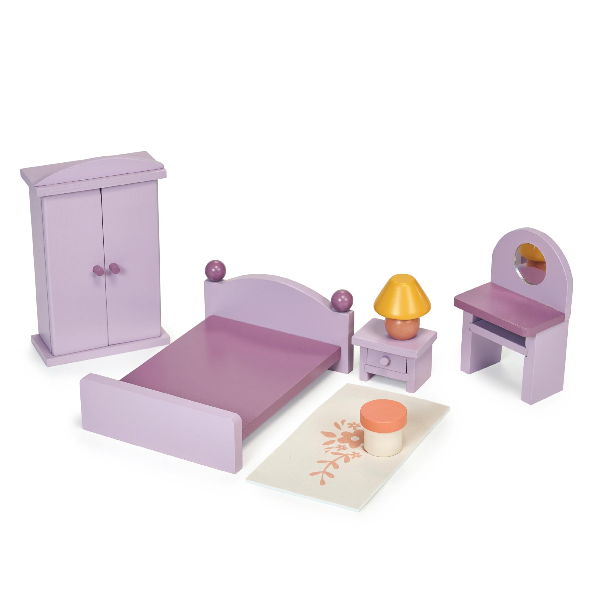 Mentari Toys - Bedroom - Wooden Dollhouse Furniture Set for Dollhouse Bedroom - Furniture Incl Double Bed, Bedside Table with lamp, Dressing Table and