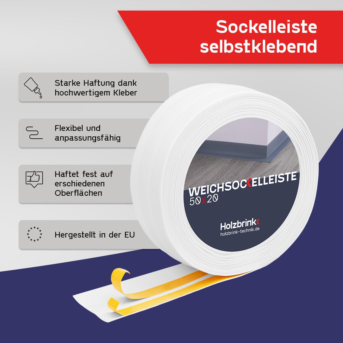 HOLZBRINK Weichsockelleiste selbstklebend PVC 50x20mm 25m Weiß