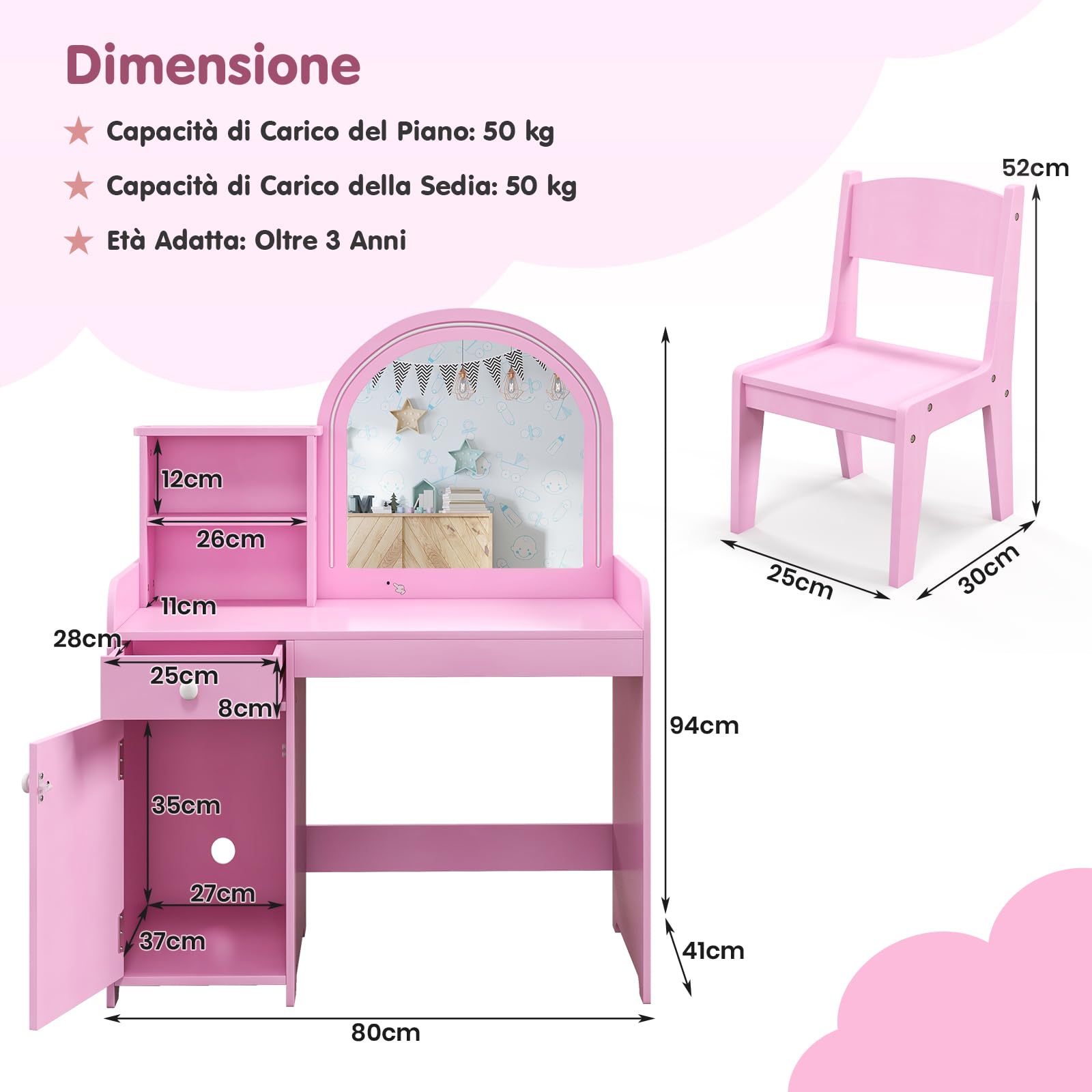 RELAX4LIFE Toeletta Trucco per Bambina con Luci LED, 2 Colori, Specchiera Trucco con Sgabello, Mensole e Cassetto, Toeletta in Legno, per Bambini 3+ Anni (Rosa, L)
