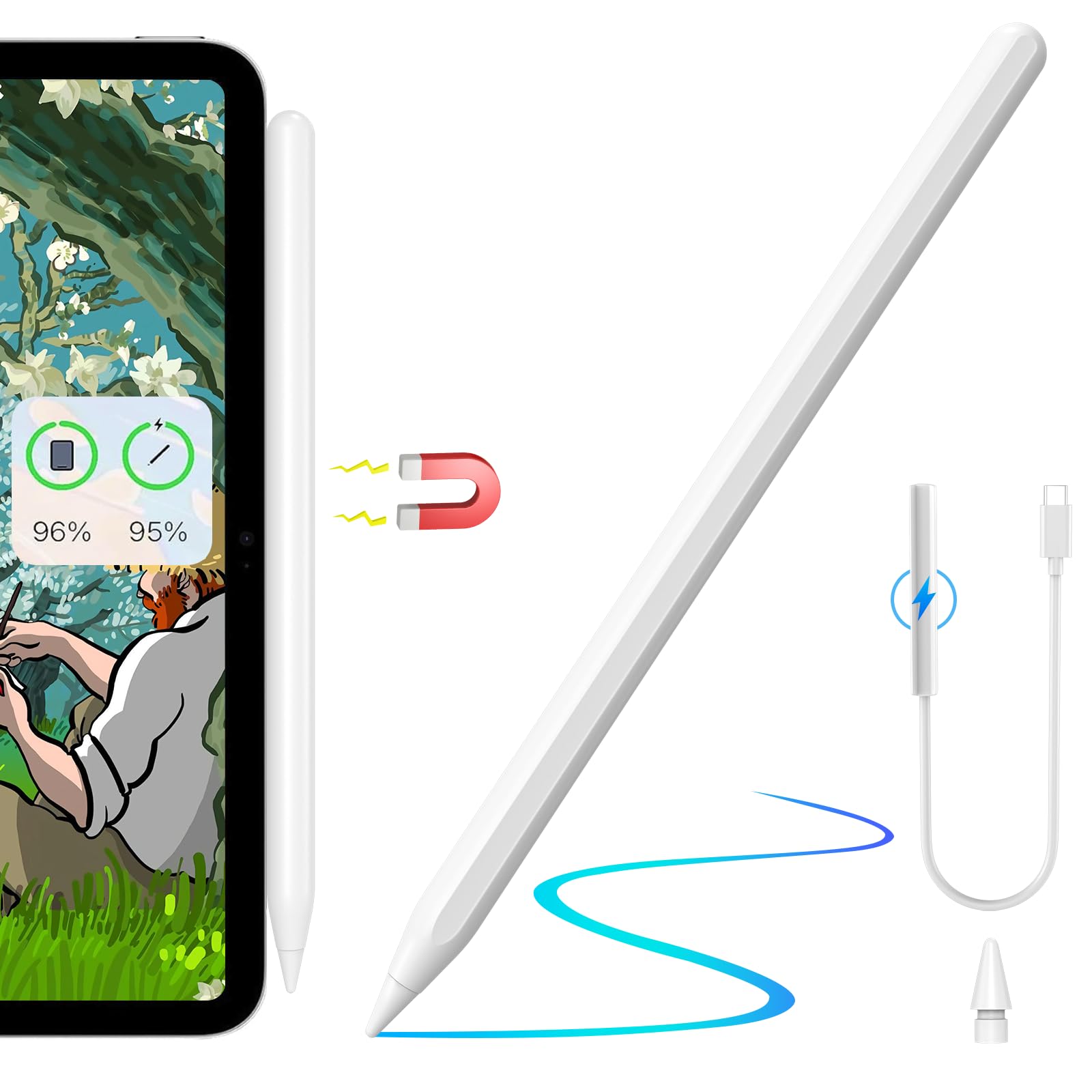 Penna Stilo Active Per IPad, Ricaricabile USB-C, Con Rifiuto Palmo E Inclinazione, Compatibile Con IPad 6/7/8/9, Pro 11/12.9, Air 3/4, Mini 5/6