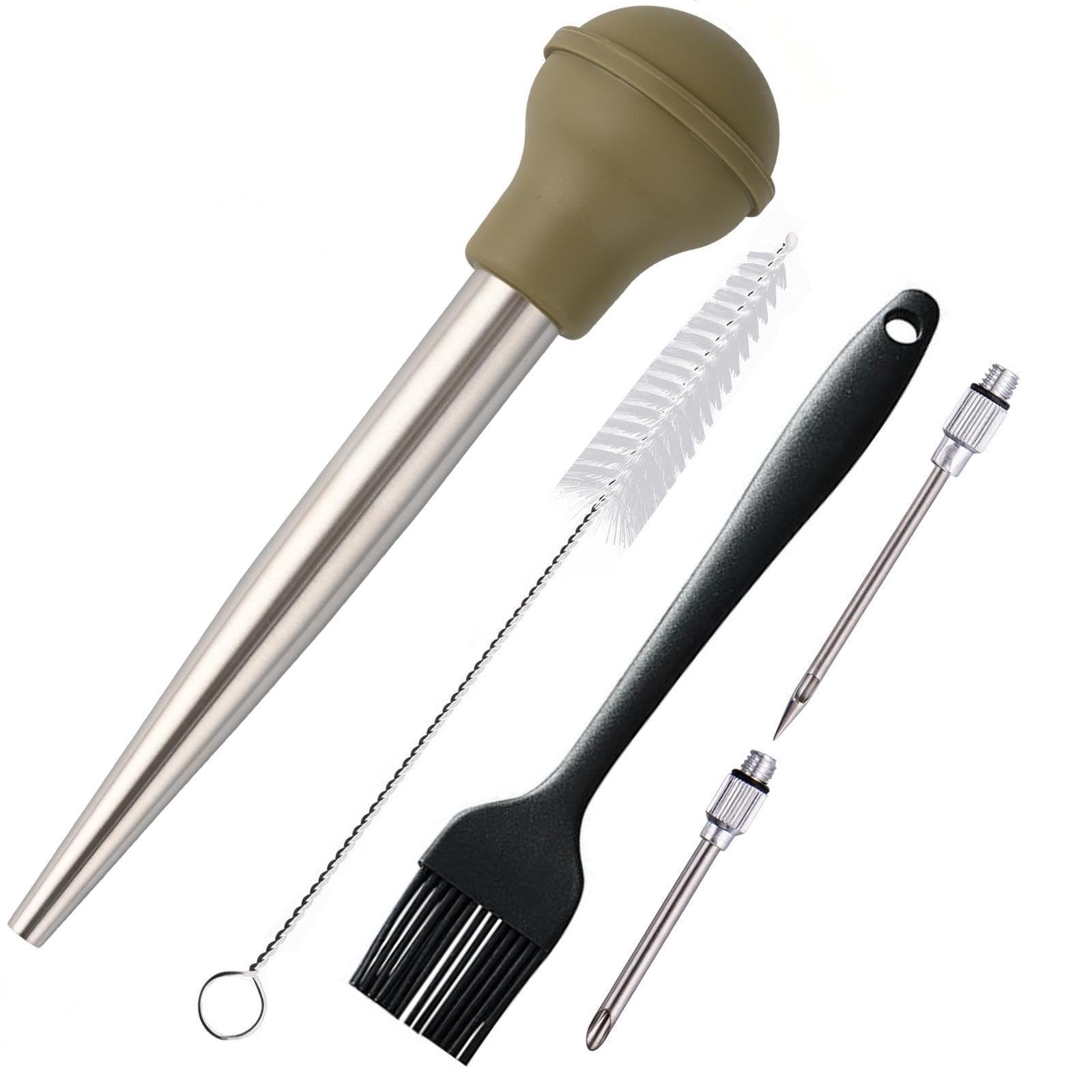 Turkey Baster Set of 5, Turkey Baster Syringe for Cooking, Meat Injector Baster &2 Needles&2 Cleaning Basting Brush, 18/8 Stainless Steel Baster for Flavor Meat Poultry, Beef&Chicken Green