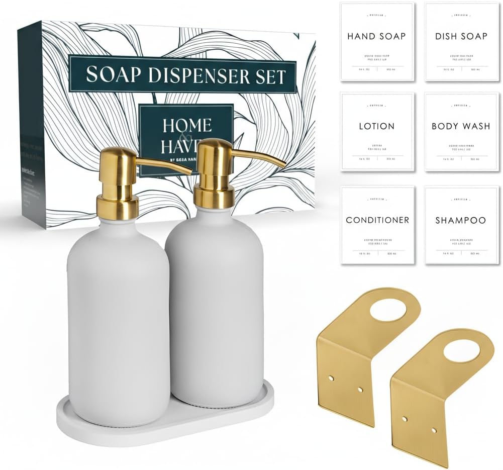 Mega Handles Glass Soap Dispenser Set (2 Pack) - 16oz Shampoo and Conditioner Bottle Set - Hand Soap and Lotion Dispenser Set for Bathroom or Kitchen - Wall Mounts & Tray Included - White & Gold