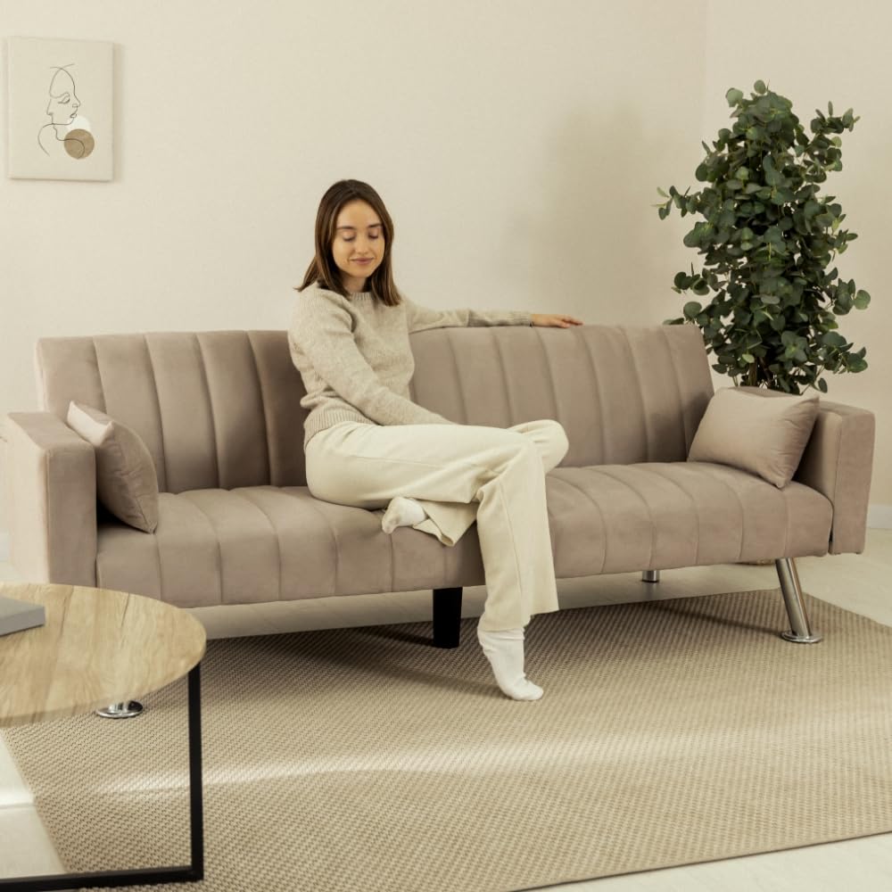 Nalui - Canapé Convertible 3 Places 210x80x79cm One Lines Clic Clac en Tissu Velours avec Pieds en Métal | Inclinaison Arrière | Comprend 2 Coussins | Beige