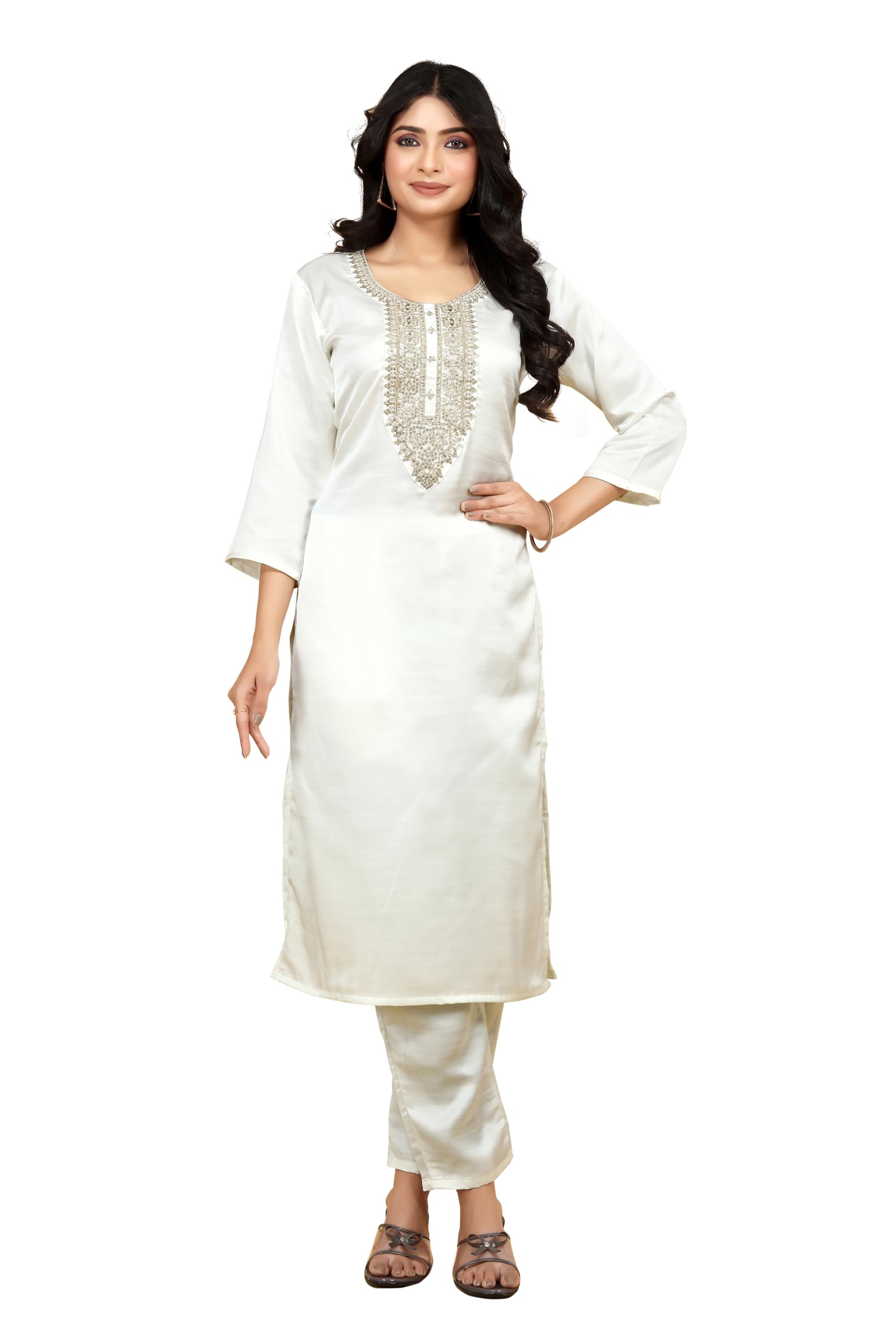 Women's Turquoice Color Yoke Pattern Cotton Silk Kurta Pant Set for women-image-1