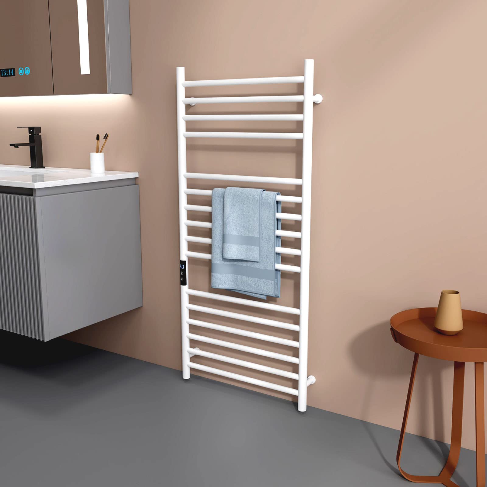 Nero Termoarredo Bagno,Bianco Scaldasalviette Elettrico,Montaggio A Parete Grande 16 Tondini Termoarredo Elettrico,Cronotermostato con Display Digitale,Bianca,Hard~Wired