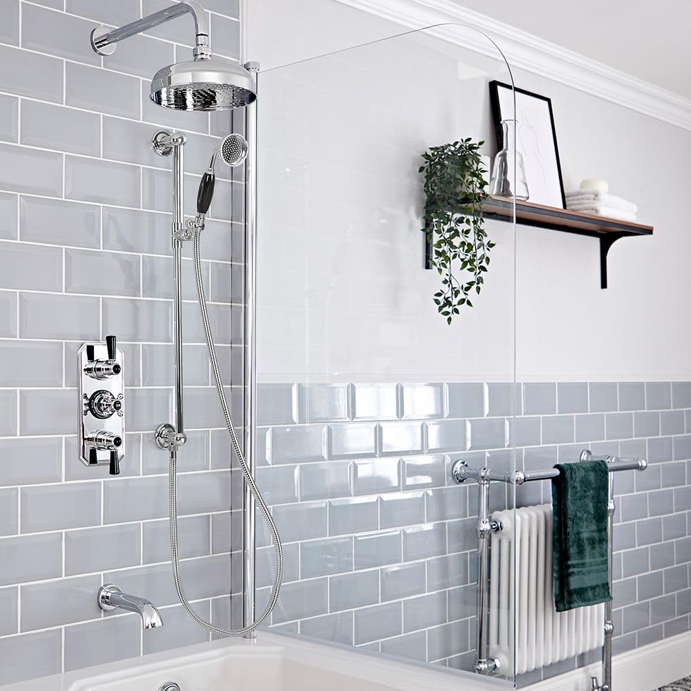 Milano Chrome & Black Elizabeth Thermostatic Mixer Valve 200Mm Shower Head Riser Rail Bath Spout - Chrome Black