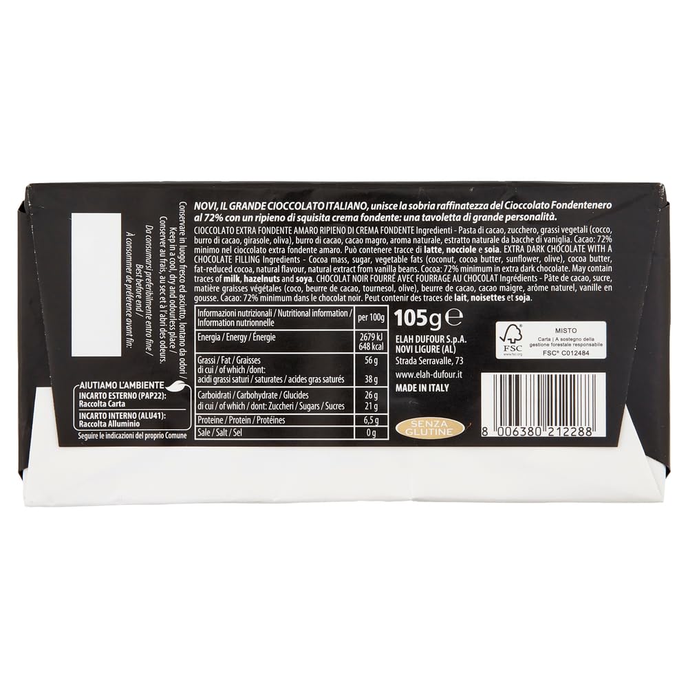22 x Novi Fondentenero Ripieno, chocolate extremadamente amargo relleno con crema oscura, 72% cacao, 105 g + lata italiana gourmet Polpa di Pomodoro de 400 g