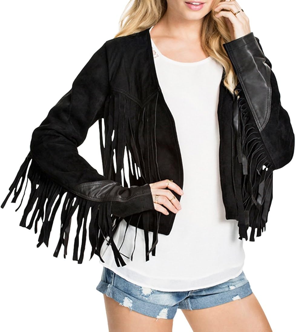 SMSS Women's Fashion PU Leather Splicing Tassel Motorcycle Jacket Black