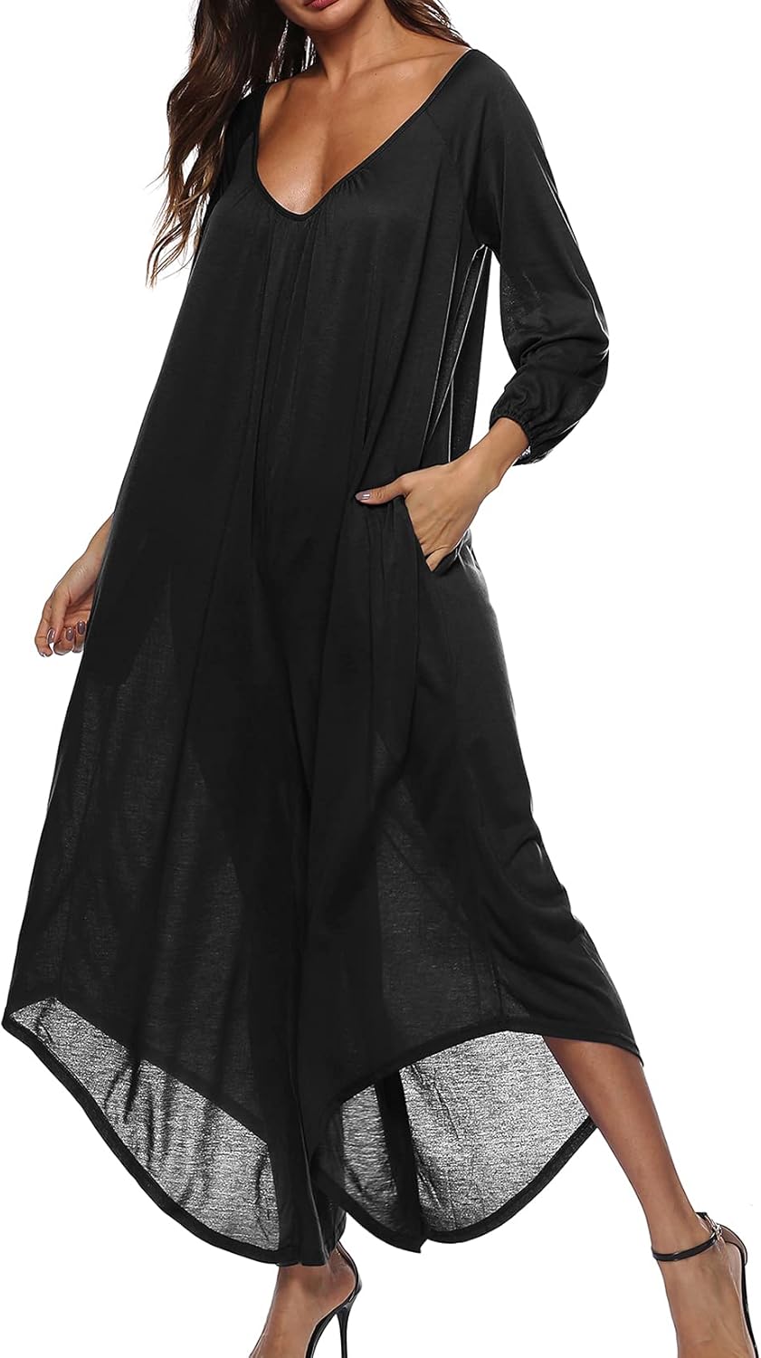 Lu's Chic Women's Long Sleeve Jumpsuit Harem Romper Cotton V Neck Rompers Smocked Jump Suits Casual