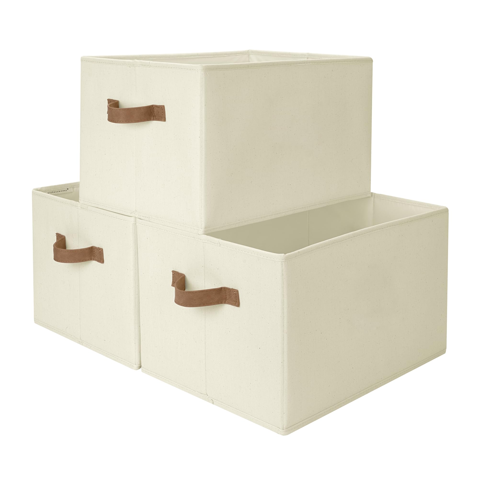 StorageWorks Storage Baskets for Shelves, Foldable Fabric Closet Storage Bins with PU Handles, Fabric Storage Bins Clothes Organizer, Ivory White, 3-Pack, Extra Large