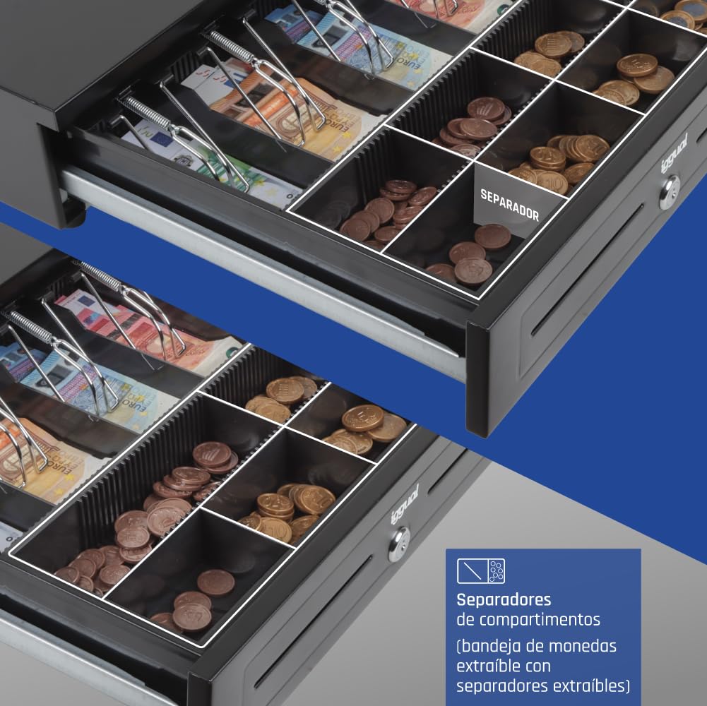 iggual -Tiroir-Caisse IRON-70 - Caisse Enregistreuse Manuelle ou Automatique pour 5 Billets et 8 Pièces - Serrure à 3 Positions - Matériau Acier+Plastique - Usage Professionnel -Noir (44,5 x 42,5 x 9)