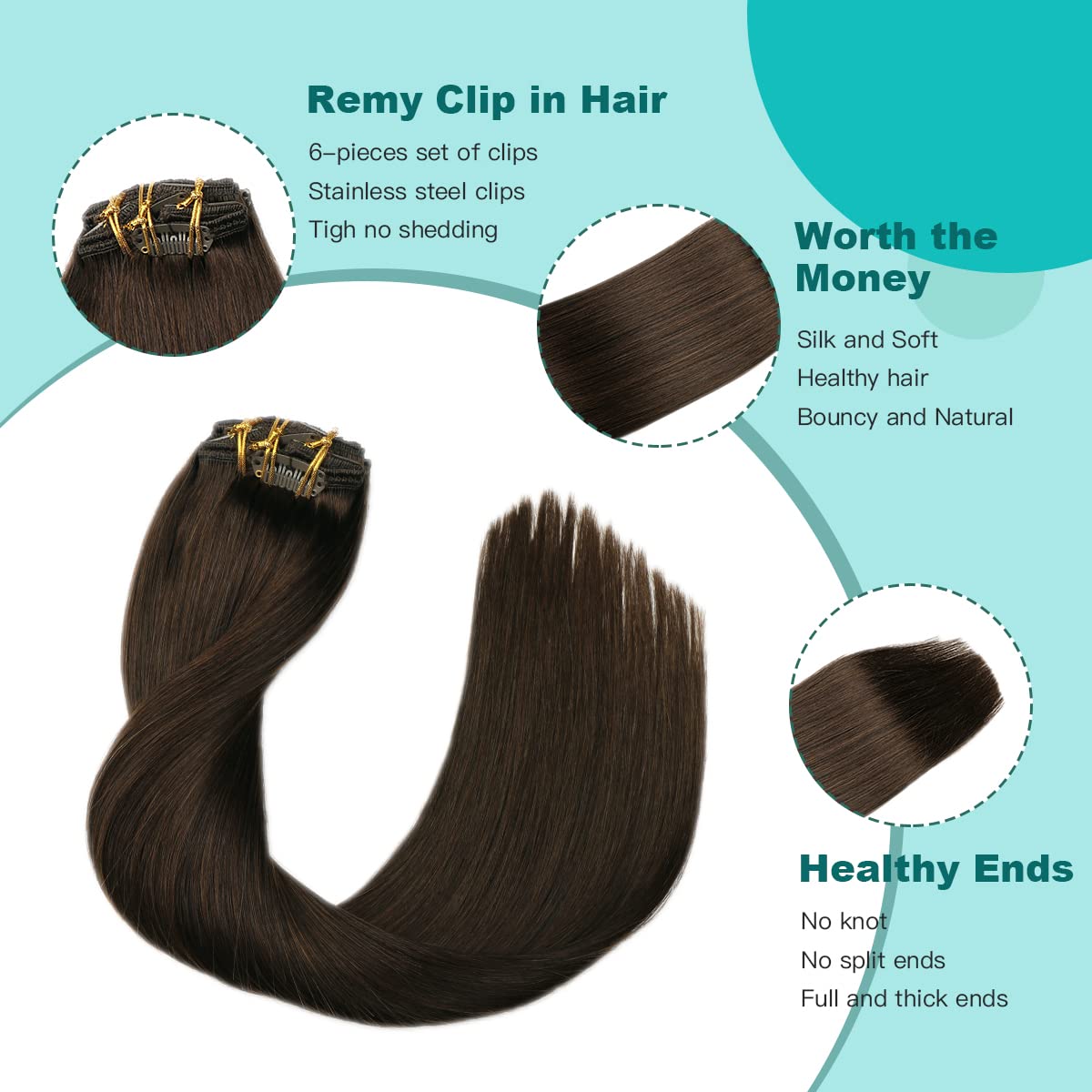 SURNEL Extensiones Clip Pelo Natural, 50cm 120g 6 Piezas, Castaño Oscuro Extensiones de Clip Natural Extensiones Pelo Remy Extensiones Cabello Postizos Mujer(C#2-50cm) — view 4