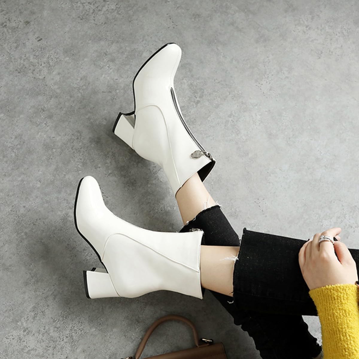 Women's Fashion Chunky Mid Heels Dressy Ankle Boots Round Toe Front Zipper Winter Fall Short Booties