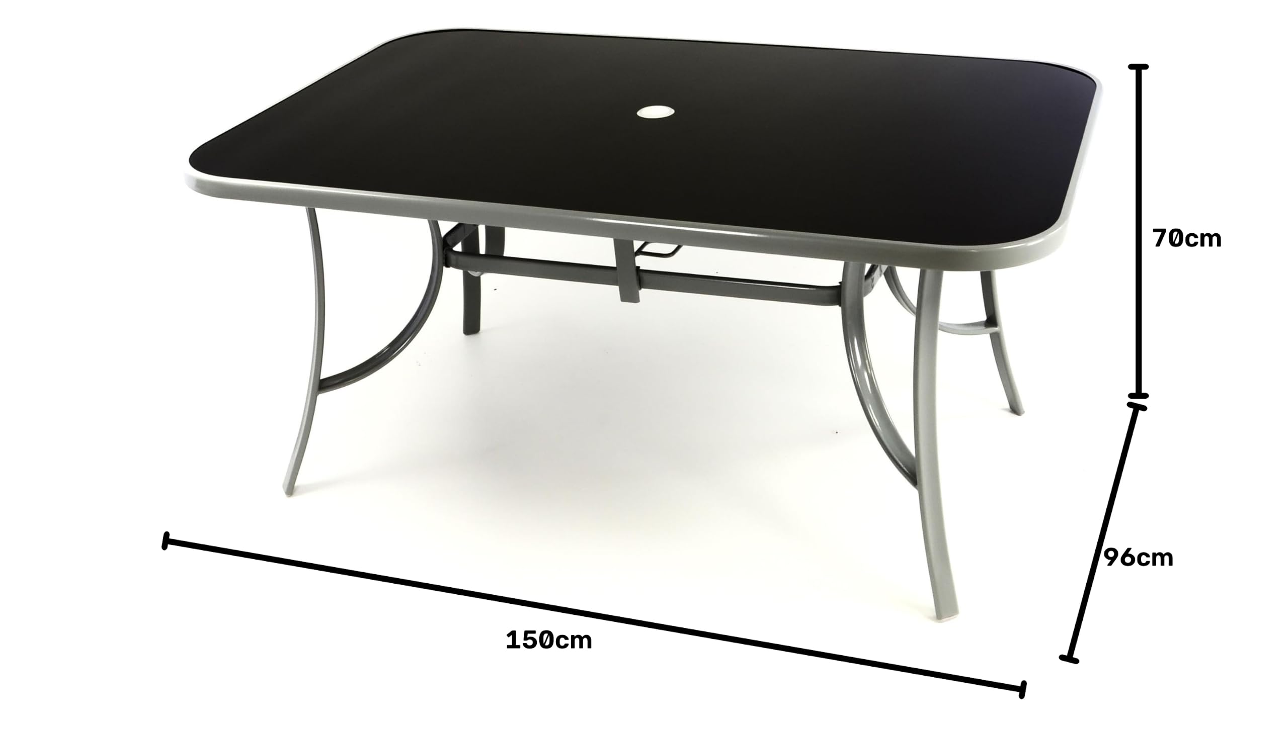 Nexos Gartentisch Esstisch Terrassentisch Glastisch Buffettisch Balkon-Tisch Glasplatte schwarz Gestell-Farbe Silber-grau 150 cm Stahl mit Schirmloch