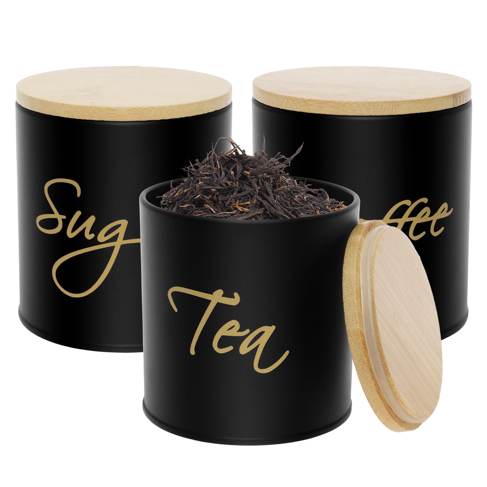 Zhjiutak 3Pcs Tea Sugar Coffee Canister Set with Bamboo Lids, Sealed Tea Sugar Coffee Container Set,Kitchen Canister Jar for Kitchen Home Counter