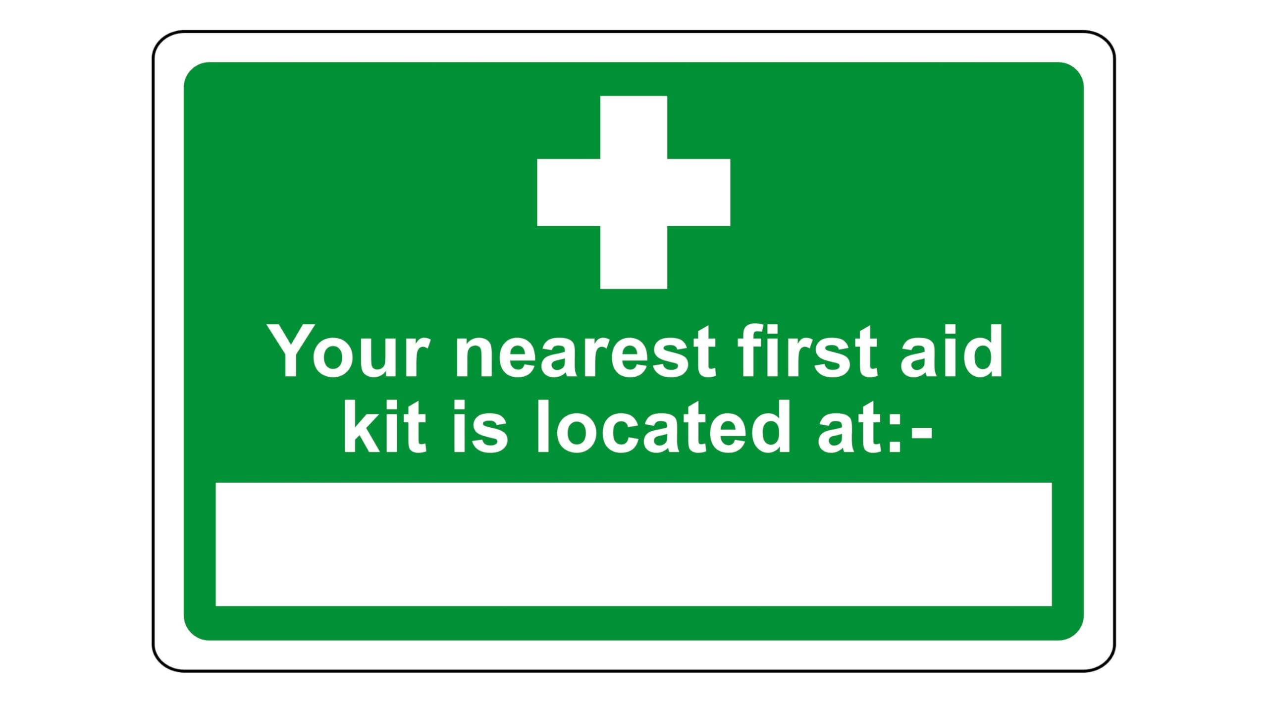 Safety First Display Ltd Green/White Your Nearest First Aid Kit Is Located At - Safety Sign - High Tack Self-Adhesive Sticker (150Mm X 100Mm) Viewing Distance Within 3M.