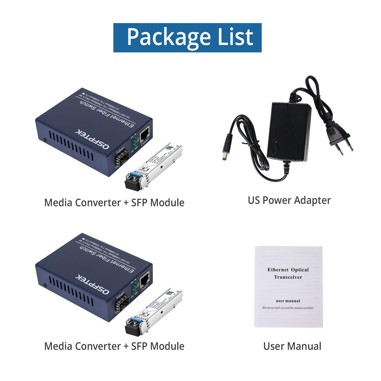 Convertitore multimediale Gigabit Ethernet a coppia, convertitore multimediale da Ethernet a fibra da rete 10/100/1000Mbps, con 2 moduli SFP 1000Base-LX (1,25 Gb/s, modalità singola, doppio LC, 1310
