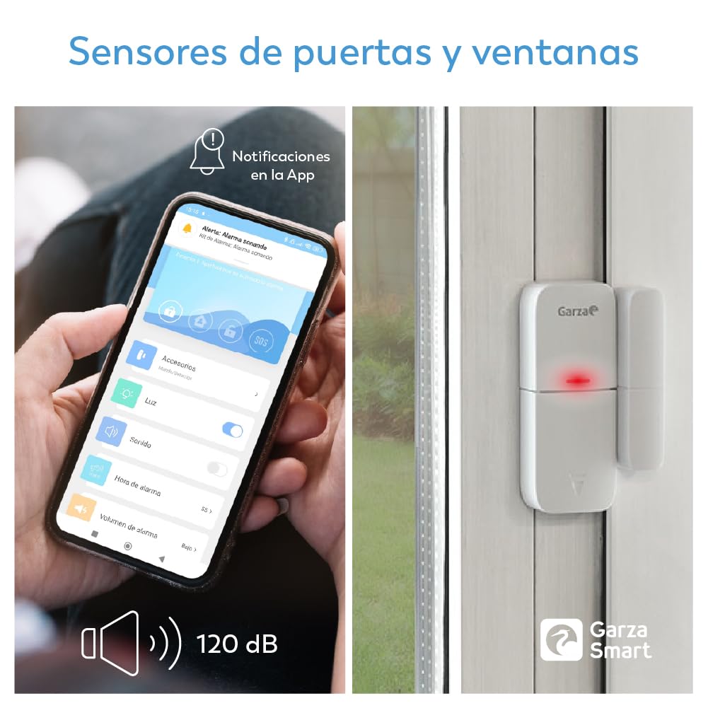 Garza Smart - Kit Sistema de Alarma Inteligente Wifi para el hogar, Sirena 120 dB, Sensor Movimiento y Apertura de Puertas/Ventanas, Alarma sin cuotas, Wifi 2,4 GHz, Control remoto a través de app