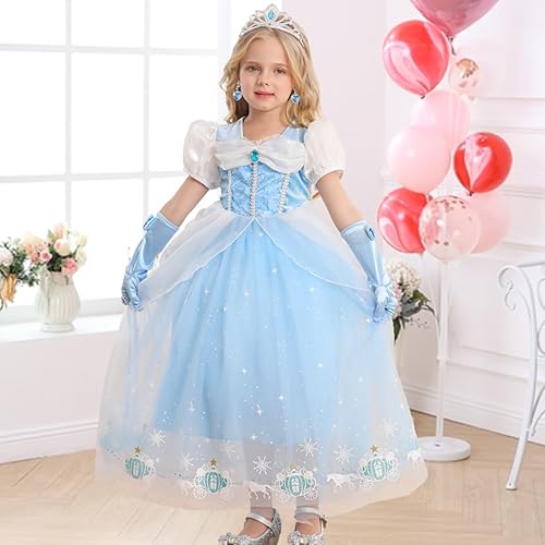 Miniatura 3 de Vestido de princesa para niñas, disfraz para niños de Halloween, Carnaval, fiesta, cosplay, mangas abullonadas, azul, atuendo elegante