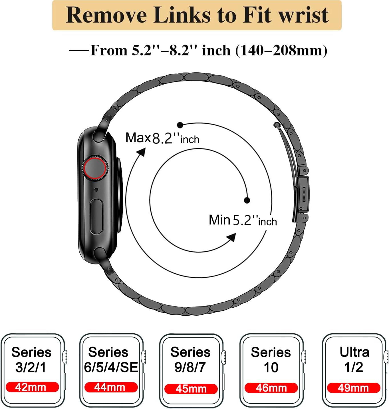 MioHHR Metal Band Compatible with Apple Watch Bands 49mm Ultra3/2/1,46mm Series 11 10,45mm Series 9 8 7,44mm Series 6 5 4 SE,42mm Series 3/2/1,Stainless Steel iWatch Bands for Women,Black - Image 6