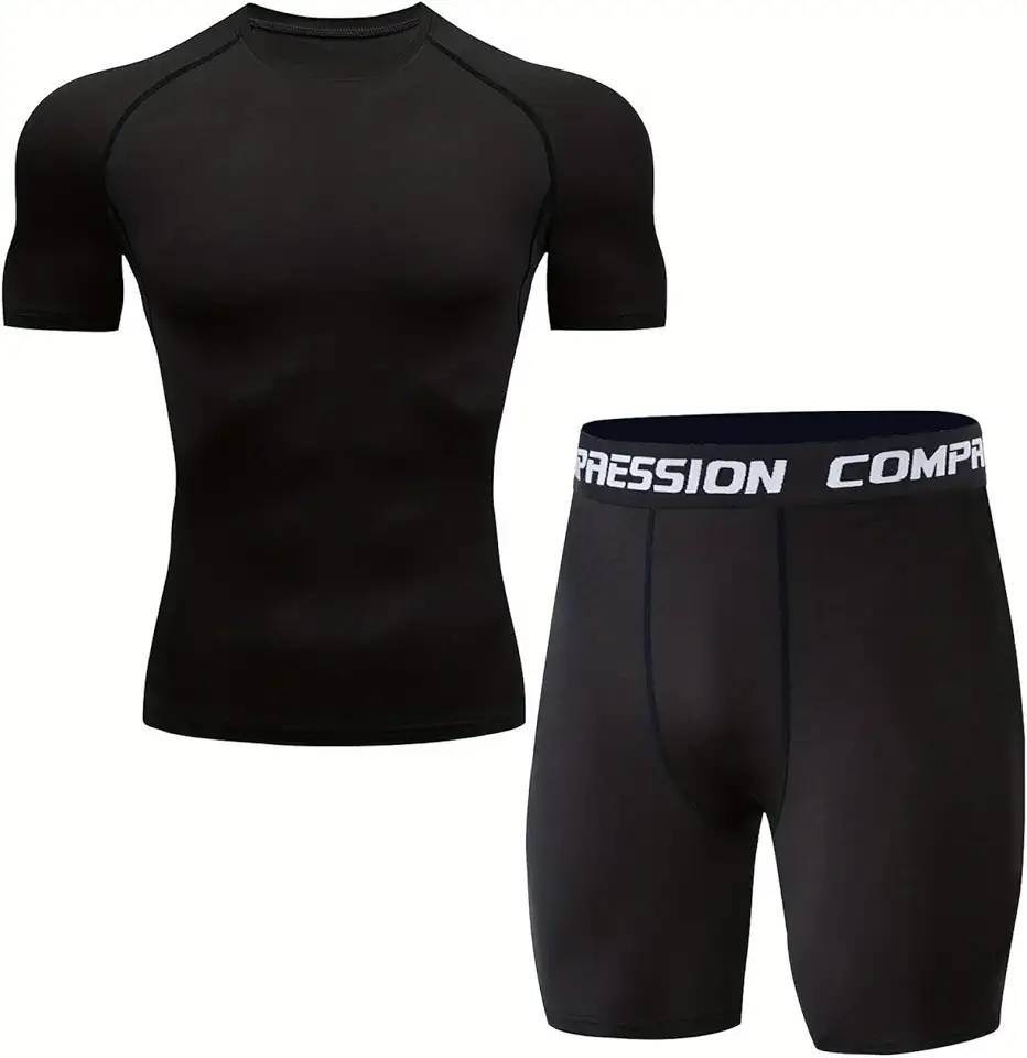 Conjunto esportivo masculino de 2 peças, camiseta e shorts de compressão, roupa de treino de secagem rápida para academia, treino, corrida, fitness